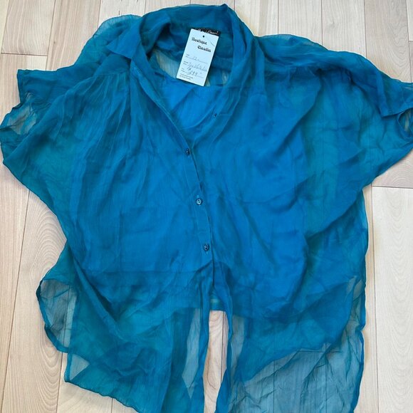 90s Vintage Clothing Set – Sheer Teal Button Shirt with Matching Tank - Picture 2 of 8